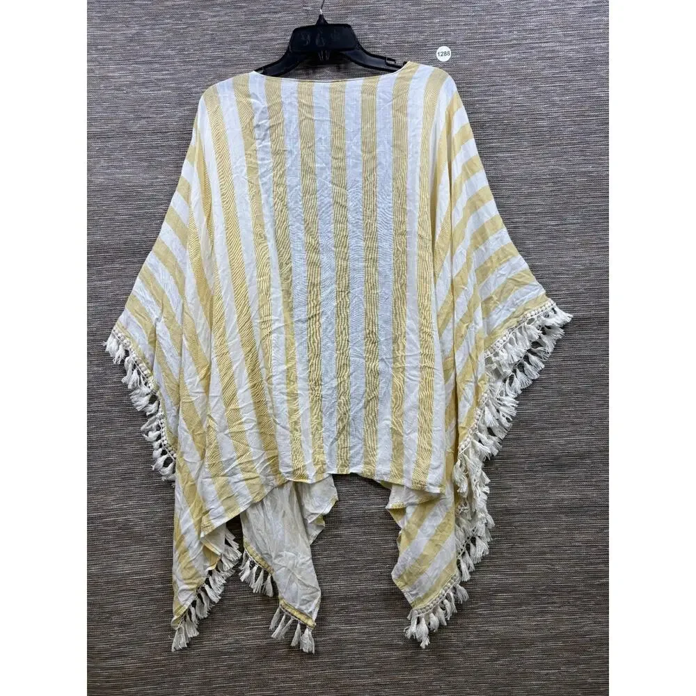 Umgee Fringed Shawl Wrap Womens Size 1XL/2XL White Yellow Striped Boho Casual